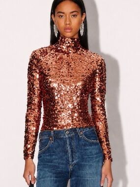 SMYTHE Paillette Rose Gold Sequin Mock Neck Top Size S